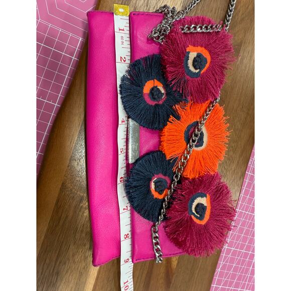Loeffler Randall Leather Floral Fringe Clutch Bag Pink Chain Strap Y2K Designer - Picture 5 of 10